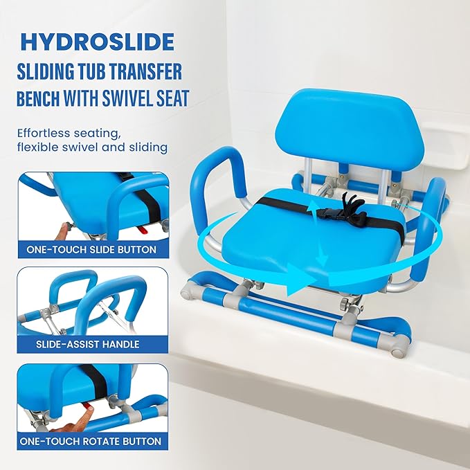 Platinum Health HydroSlide Sliding Shower Chair Swivel Seat for Bathtub, Soft, Padded with industry-exclusive, patented Gap-Bridge safety feature. Padded Armrests. Ideal for Elderly and Seniors (Blue)