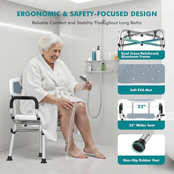 VFAUOSIT Shower Chair with Removable Arms and Back for Elderly & Disabled, 550 lbs Shower Chair for Inside Shower, 6-Height Adjustable Shower Seats for Adults, Bath Chairs for Seniors Inside Tub