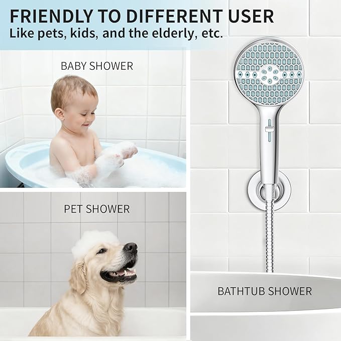 Shower Head with Handheld, 8-Mode High Pressure Shower Head with 71" Extra Long Stainless Steel Hose & Adjustable Bracket, Built-in Power Wash to Clean Tub, Tile & Pets, Chrome Finish