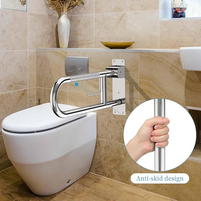 Toilet Grab Bar 22.4 Inch Chrome, Munzong Anti-Slip Handicap Grab Bars with Paper Holder, Flip-Up Bathroom Safety Rails, Stainless Steel Knurled Support handrails for Seniors Elderly Disabled Pregnant