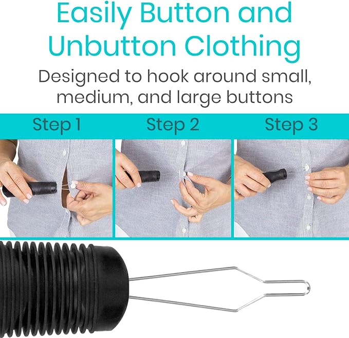 Vive Button Hook with Zipper Pull - Dressing Helper Assist Tool for Arthritis - One Hand Shirt & Coat Buttoning Aid, Disability, Handicapped, Seniors, Elderly - Limited Dexterity, Wide Grip Handle