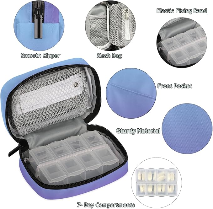 Weekly Travel Pill Organizer Case for Purse with Removable 7 Day Box Portable Compact Size Pill Box Fashionable Pill Container for Medicine Vitamin Supplement Blue and Purple