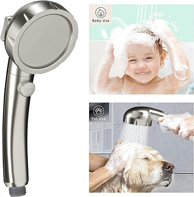 KAIYING Brushed Nickel High Pressure Handheld Shower Head with ON/OFF Switch, 3 Spray Modes, Adjustable Angle Bracket, and Hose