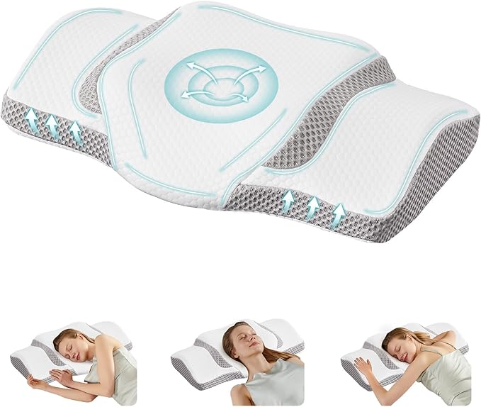 DUMOS Cervical Neck Pillow for Sleeping, Cooling Ergonomic Memory Foam Pillow with Arm Rest Slot and Ice Silk Pillowcase, Dual Height Orthopedic Support Contour for Side, Back, Stomach Sleepers