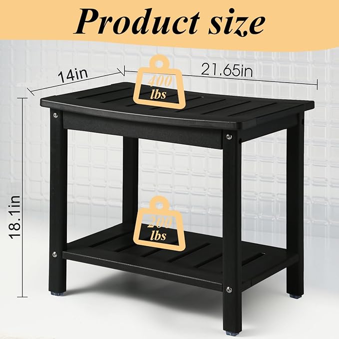 Apolimi HDPE Shower Bench, Shower Stool with Storage Shelf 2-Tier Spa Stool for Inside Shower,Water Resistant & Non-Slip Design Shower Seat (Black L Size)