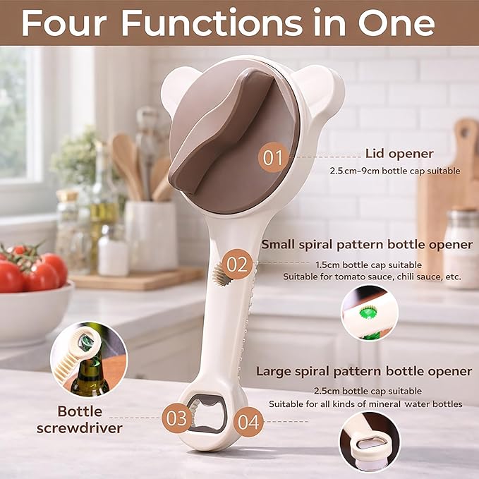 Bottle Openers for Seniors, Adjustable Stainless Steel Jar Opener 4-in-1 Multi Function Lid Remover with Secure Grip Clamps, Easy Twist Kitchen Tool (Beige)