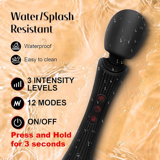 Handheld Cordless Personal Massager - Powerful 12 Vibration Patterns, 3 Speeds Settings & Waterproof, Body-Safe Silicone for Relaxation and Muscle Comfort in Neck, Shoulders and Foot -Black