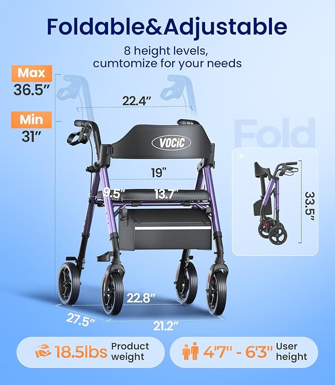 VOCIC Walkers for Seniors, Z21 Rollator Walker with Seat Supports 350lb, 8" Big Wheels for All Terrain, Ergonomic Arc Seat & 6" Ultra Backrest Foldable Walker, Dual Height Adjustment, Lightweight 2026