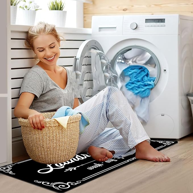 Laundry Room Rug Runner, 17.7"x45" Non Slip Black Laundry Rugs, Farmhouse Washable Floor Laundry Mats for Laundry Room, Mudroom, Kitchen, Washroom, Bathroom, Hallway Entryway Area Rugs Decor
