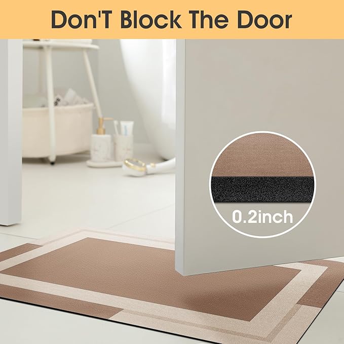 ACCUMTEK Non Slip Bath Mat, Thin Bathroom Rugs Fit Under Door, Quick Dry Bath Mats, Machine Washable Bath Rugs for Bathroom, Bathtub & Kitchen, Bathtub, Light Brown/Bordered/59 x20