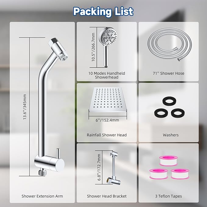 All Metal Dual Shower Head Easy Reach, High Pressure 10-Spray Handheld Shower & 6" Square Rainfall Shower Head Combo, Shower Extension Arm, 71" Hose, 3-way Diverter, Brass Shower Bracket, Chrome