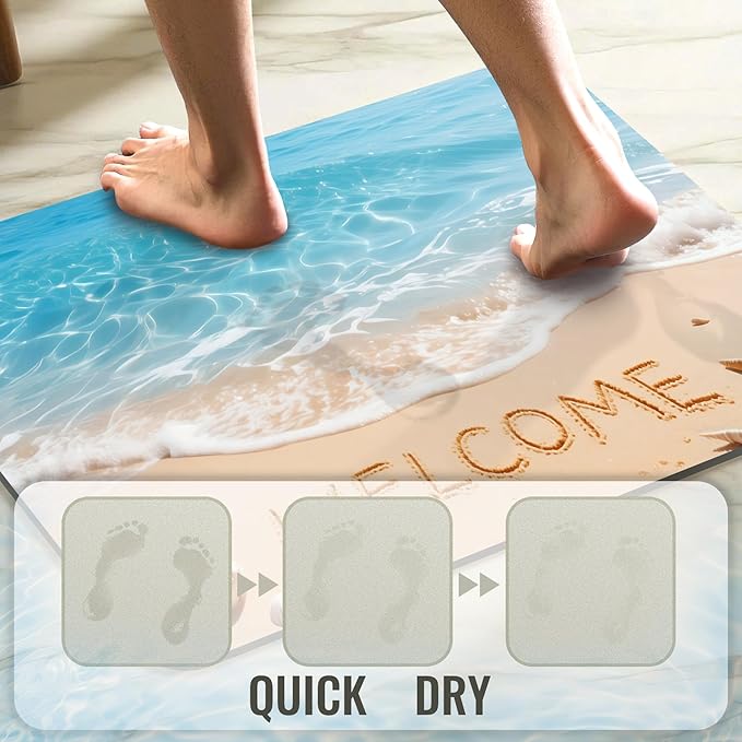 Quick Dry Bath Mat for Bathroom,Super Absorbent Beach Welcome Bath Rug Non-Slip Rubber Backing,Machine Washable Bathroom Floor Mat for Shower, Tub, Sink Area Ocean Blue 16x24