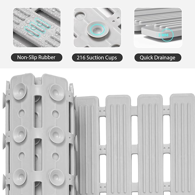 XIYUNTE Shower Mat Non Slip Bathtub Mat, 36 x 16 inches Rubber Bath Mat for Tub Non Slip Shower Mats for Inside Shower with Powerful Suction Cups and Drain Holes, Easy to Cut, Light Grey