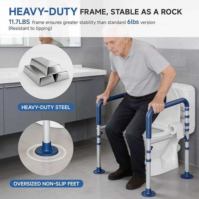 Loyoda Steel Toilet Safety Rail for Seniors with Adjustable Height and Width - 11.7lbs Heavy-Duty Foldable Toilet Handle for Toilet Support, Elderly and Accessibility Aid （Blue）