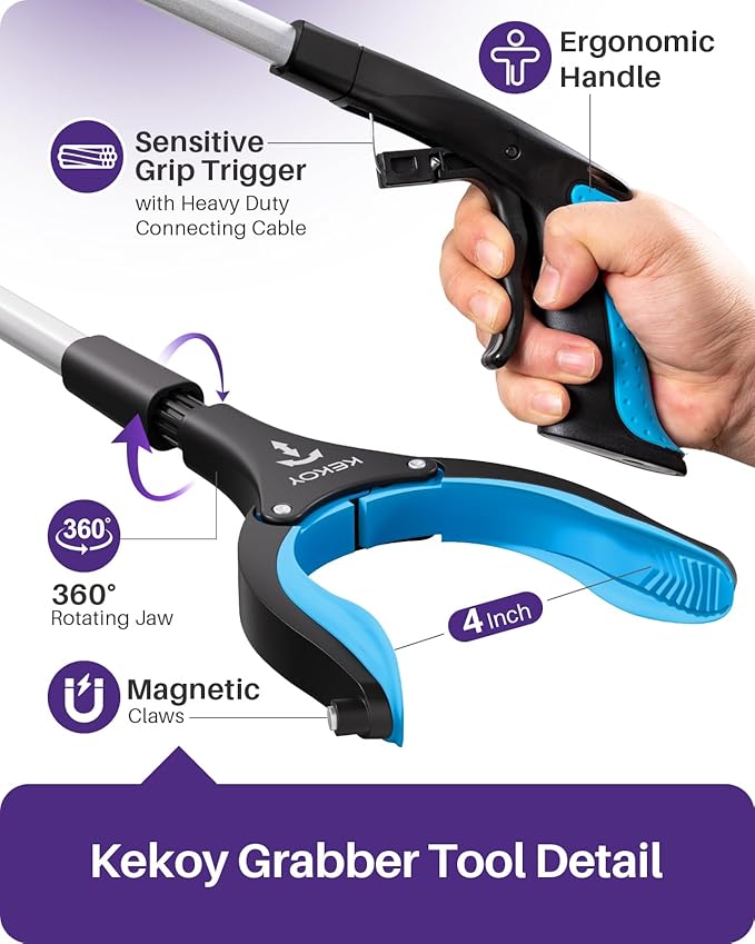 KEKOY 26 Inch Grabber Reacher Tool for Seniors 2 Pack, Foldable Reacher Grabbers Pickup Stick with Anti-Slip 360° Rotating Jaw, 4" Wide Extended Claw with Magnet for Disabled, After Surgery Recovery
