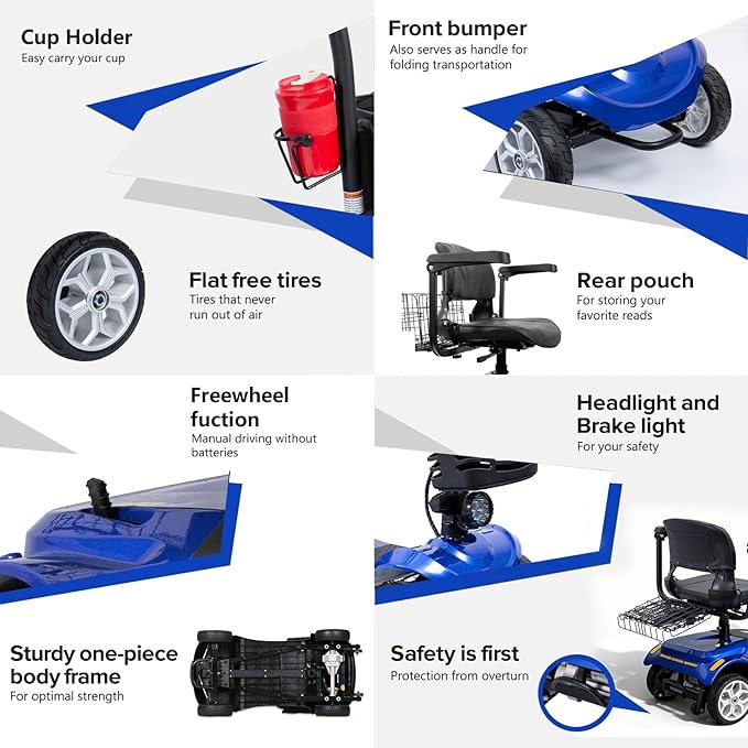4 Wheel Compact Mobility Scooter for Seniors and Adults,Foldable Electric Scooter, Heavy Duty Travel Model with Lights, Basket, and Long-Lasting Battery210blue