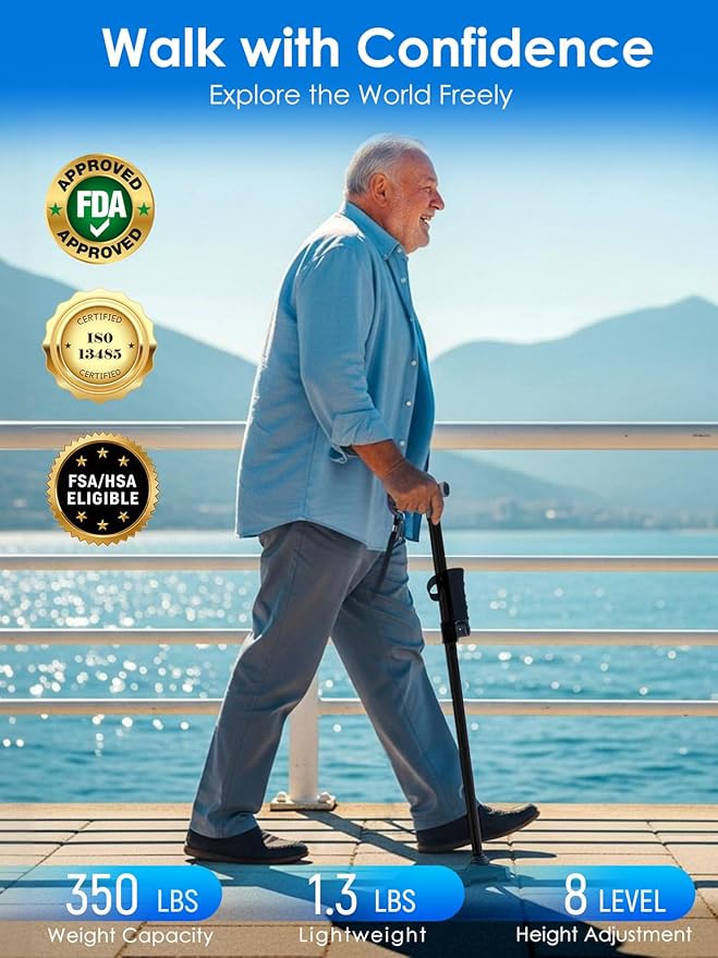 Adjustable Walking Cane for Women & Men for Stability, Self Standing Cane with Second Handle for Standing, 350lbs Heavy Duty Foldable Collapsible Folding Cane, Walking Sticks for Seniors & Adult