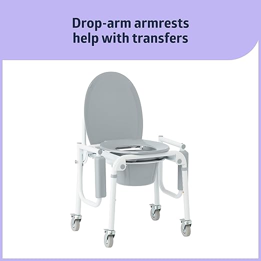 Medline Aluminum Drop-Arm Bathroom Chair Commode with 4 Locking Casters, 300 lbs. Capacity, for Restroom, Elderly, Adults, Bariatric & Wheelchair Transfer to Toilet