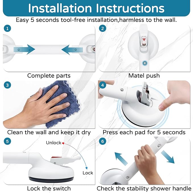 Suction Grab Bar for Shower Bathtub, Heavy Duty Shower Handle with Strong Suction Cup for Bathroom Wall, Max 269lbs Safety Handrails Non-Slip Grip for Seniors Elderly Disabled Handicap, 17 Inch White