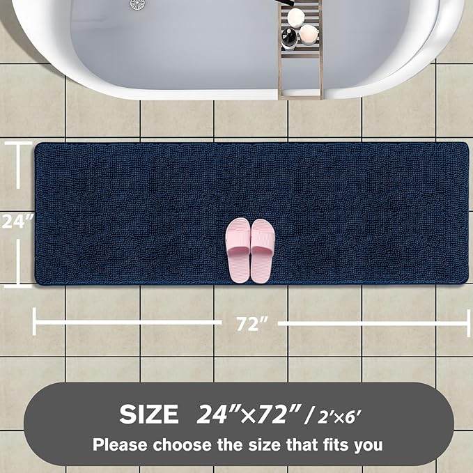 Bathroom Runner Rug 24 x 72 Non Slip – Extra Long Bath Mat | Absorbent and Washable Thick Chenille Runner Rug for Bathroom, Shower, Tub, Sink(Navy Blue)