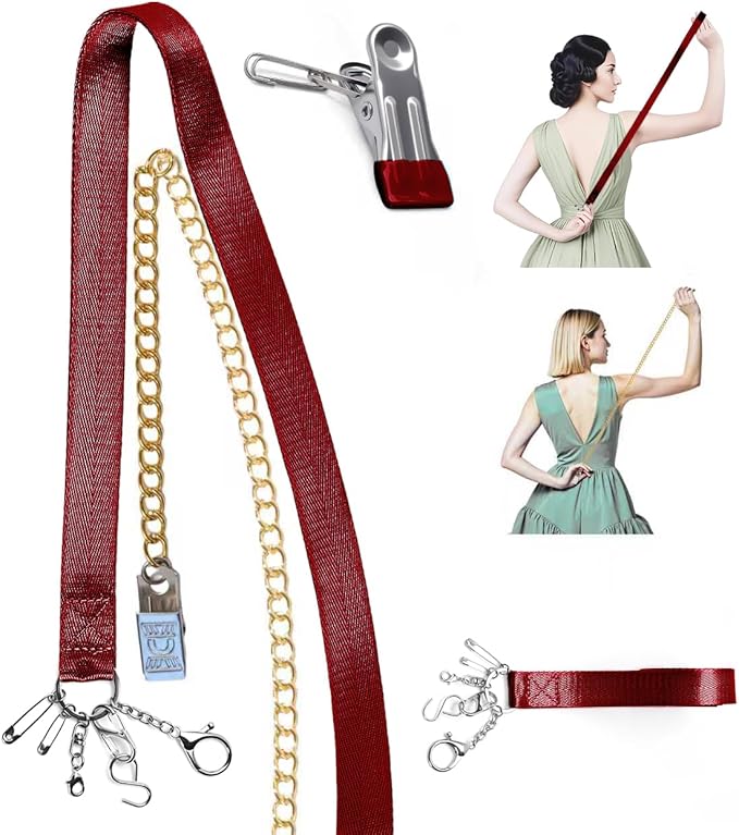Lenporl Zipper Helper Pull for Dresses with 5 Hooks and Reinforced Design Zipper Helper with Detachable Clip Includes Bonus Metal Chain for Seniors and Pregnant Women (Claret)
