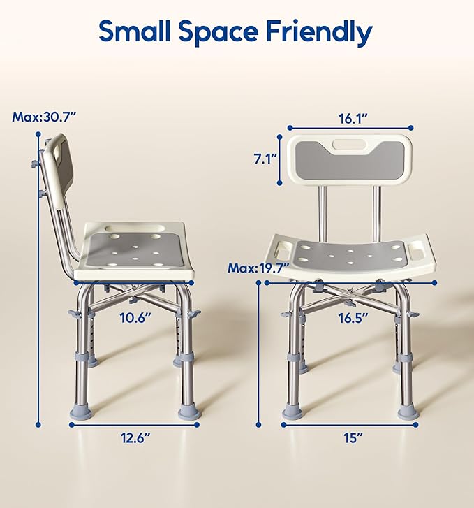 Bluelog Shower Chair with Back for Elderly and Disabled, Shower Seat Bench Stool, Adjustable Height, 350 lbs Capacity, Rectangular