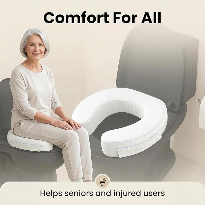 3" Raised Toilet Seat Cushion, Firm High-Density Foam Toilet Seat Riser, Waterproof Cover, Secure Hook & Loop, Easy-Clean Support, Fits Standard & Elongated Toilets