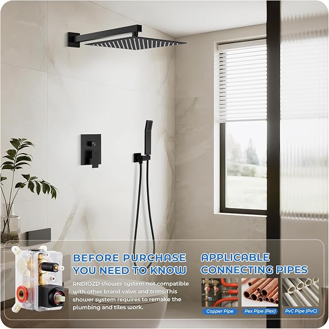 Black Shower Faucet Set, 10 inch Rain Shower System with Pressure Balance Valve, Wall Mounted 2-Functions Bathroom Shower Systems with Rain Shower and Handheld Spray Shower Trim Included