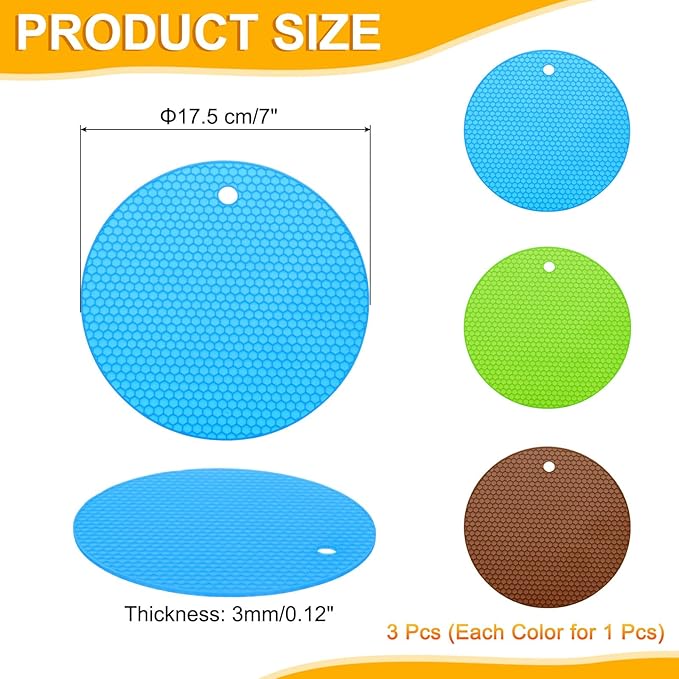 uxcell 3pcs Silicone Jar Opener Pads, 17.5cm/7" Texture Can Opener Multipurpose Round Bottle Lid Opener Non-Slip Coasters for Weak Hands Seniors Children, Green, Blue, Brown