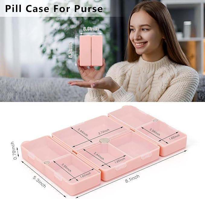 FYY Daily Pill Organizer,2 Pcs 7 Compartments Portable Pill Case Travel Pill Organizer,[Folding Design] Pill Box for Purse Pocket to Hold Vitamins,Cod Liver Oil,Supplements and Medication-Pink+Navy