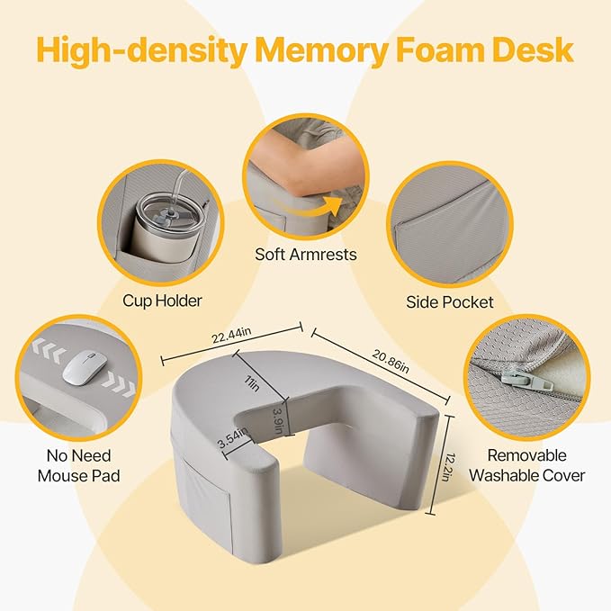 Reading Pillow Lap Desk with Storage Pockets & Ergonomic Arm Rests for Laptop, Gaming, Reading, Working on Bed, Couch & Floor for Adults, Arc-Shaped, Grey