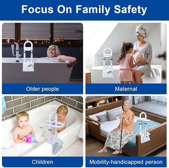 Adjustable Bathtub Safety Rail with Double Grip - Secure Tub Grab Bars for Seniors and Elderly, Fits 3" to 7" Wide Flat Tub Walls, Tool-Free Clamp On Bathroom Support Handle