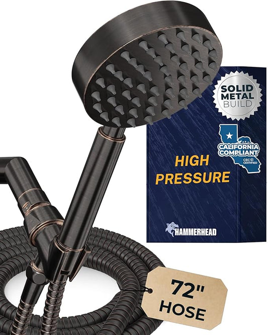 HammerHead Showers® Solid Metal LOW FLOW Handheld Shower Head with Hose and Brass Holder - OIL RUBBED BRONZE – Water Saving 1.75 GPM Detachable Shower Head - Adjustable Shower Wand Bracket & 6ft Hose