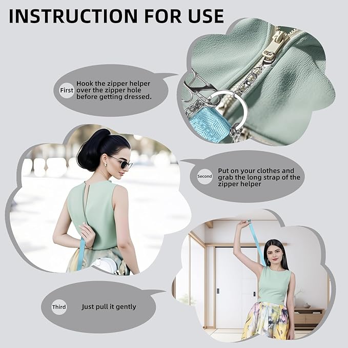 Lenporl Zipper Helper Pull for Dresses with 5 Hooks and Reinforced Design Zipper Helper with Detachable Clip Includes Bonus Metal Chain for Seniors and Pregnant Women (Blue)