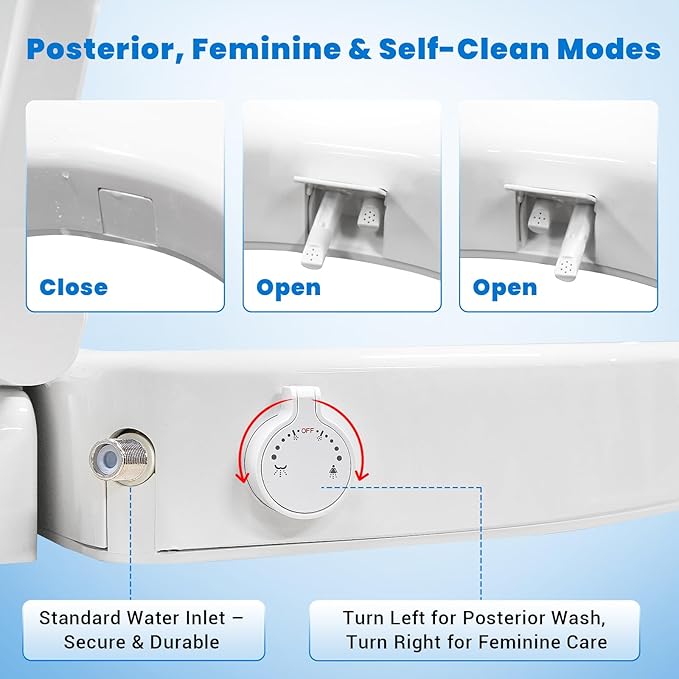 Raised Toilet Seat with Bidet for Seniors, 3" Height, Heavy Duty Slow Close Elevated Toilet Seat with Never Loosen Hinges, Fits Most Elongated Toilets, No Electric Cold Water Only (White 18.5")