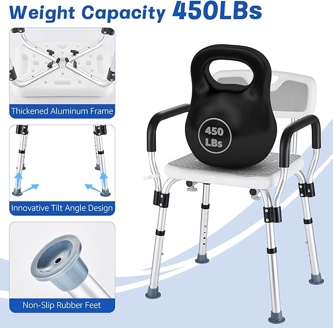 Shower Chair for Elderly and Disabled Inside Shower, Shower Seat for Inside Tub 450 LB Heavy Duty, Shower Chair with Arms and Back,Padded Handicap Bath Chairs for Seniors for Shower Stal