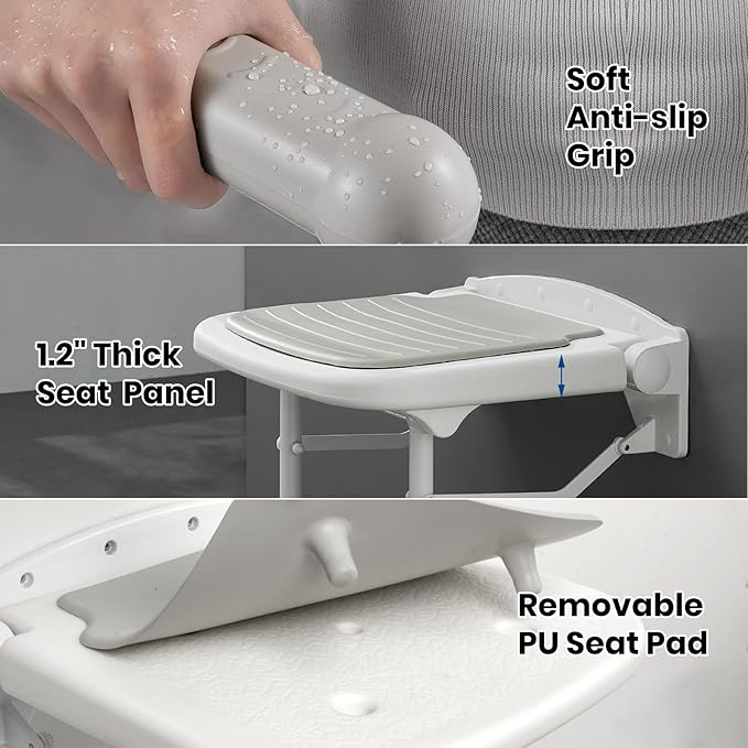 Folding Shower Seat with Adjustable PU Grab Bar, 550lbs Heavy Duty Fold Down Bath Bench with Legs, Non-Slip Comfort Grip and Removable Cushion, Wall Mounted Chairs for Seniors