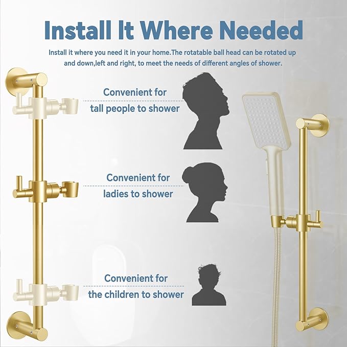 Shower Slide Bar Adjustable Handheld Shower Head Holder Wall Mount - 15inch All-Metal Shower Head Slide Bar Compatible with Bathroom Drill Free Glue Installation - Brushed Gold