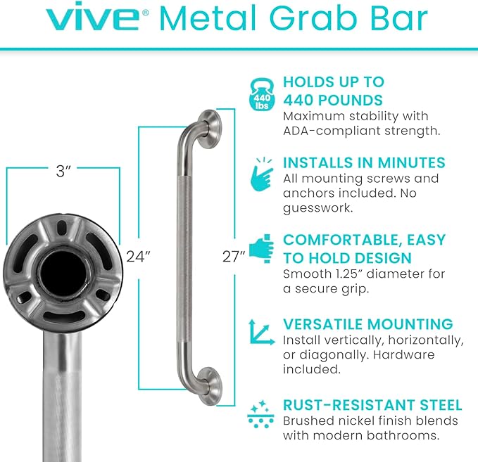 Vive Grab Bar for Bathtubs and Showers (Textured) - Handicap Bathroom Safety Rail for Elderly - Wall Handle for Tub, Toilet, & Bath - Disability Assist Device Accessory Handrail