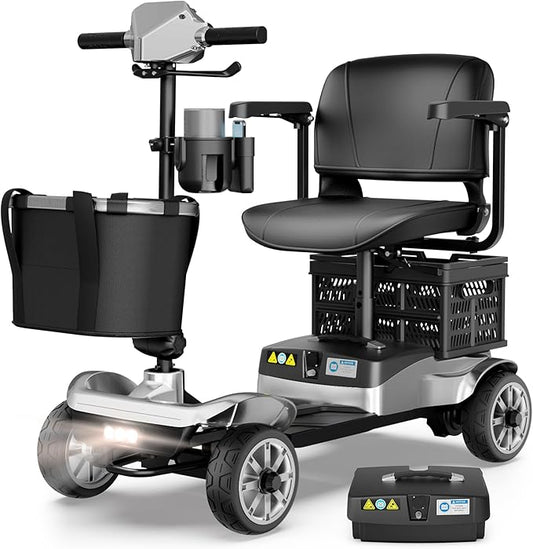 Mobility Scooter for Adults & Seniors with Removable Spare Battery - 24.8 Miles Total Range, Cruise & Airport Approved, Foldable Motorized Scooters with Dual Basket, Phone & Cup Holder, Silver