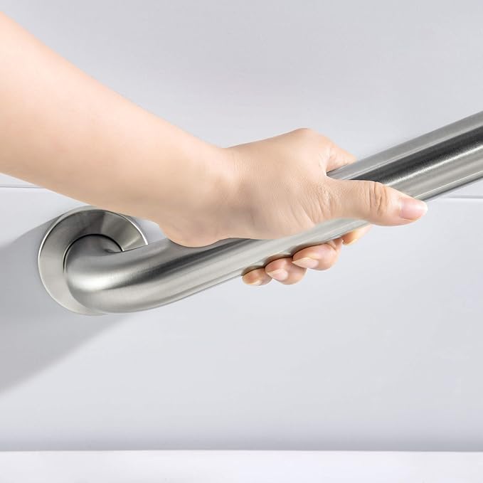 KIBI 24 Inch Curved Grab Bar for Bathroom Safety – Heavy-Duty Stainless Steel Anti-Slip Handrail for Seniors, Shower & Bathtub Assist, Wall Mounted Durable Rust-Resistant Brushed Nickel Finish