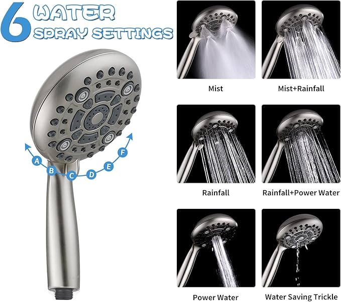 G-Promise Handheld Shower Head High Pressure 6 Spray Settings, Detachable Hand Held Showerhead 4.9 Inch Face with Extra Long Flexible Hose and Metal Adjustable Bracket