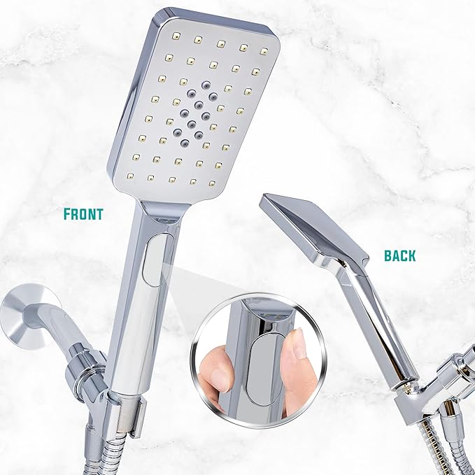 Metpure Handheld Shower Head with Easy Clicker for Multiple Sprays. Low Profile Lightweight Rectangular Shower Head. Stainless Steel Hose & Adjustable Mount Holder. Chrome Finish