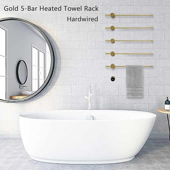 Towel Warmer Rack, Gold 5-Bar Aluminum Alloy, Heated Towel Rack for Bathroom, Hidden wiring/Support Hardwired Heated Towel Rail, With Timer and Temperature Adjustment, Overheat Protection Function