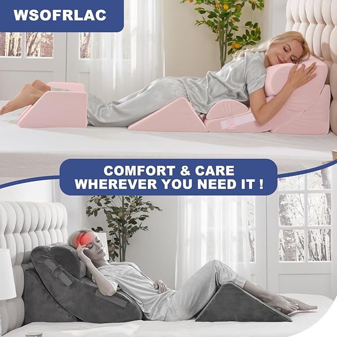 WSOFRLAC 6PCS Multi-Functional Bed Wedge Pillow Kit - 7-in-1 Orthopedic Support for Back/Neck/Legs, Post Surgery Recovery & Sitting Up in Bed, Post Surgery Foam for Body, Pink