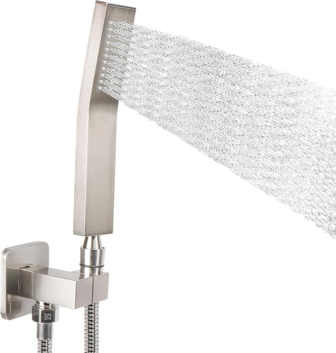 NearMoon Brass Hand Held Shower Head, Luxury High Pressure Shower Kit with Wall Connector and Hose Set, for Bathroom Showering System Contemporary Square Style (Brushed Nickel)