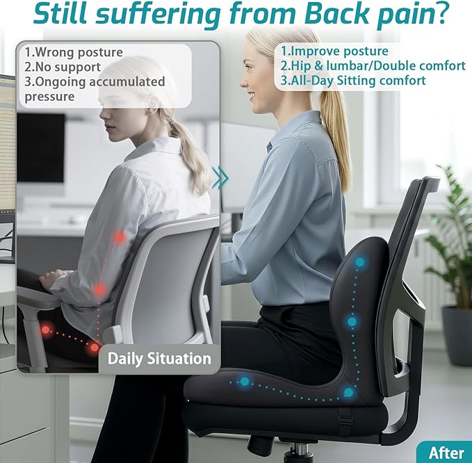 Memory Foam Seat Cushion,Office Chair Cushion with Lumbar Support for Back Pressure Relief, Car Seat Cushion with Adjustable Strap,Sciatica Pad Cushions for Car,Truck, Desk,Gaming Chair