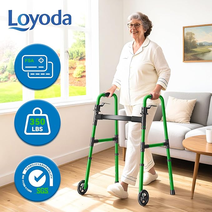 Loyoda Folding Walker with 2 Skis and 5" Wheels, Lightweight Walkers for Seniors and Adults, Supports Up to 350 Pounds, Adjustable Height, Compact Standard Walker, Green