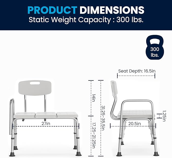 Flash Furniture HERCULES Series 300 Lb. Capacity Adjustable White Bath & Shower Transfer Bench with Back and Side Arm