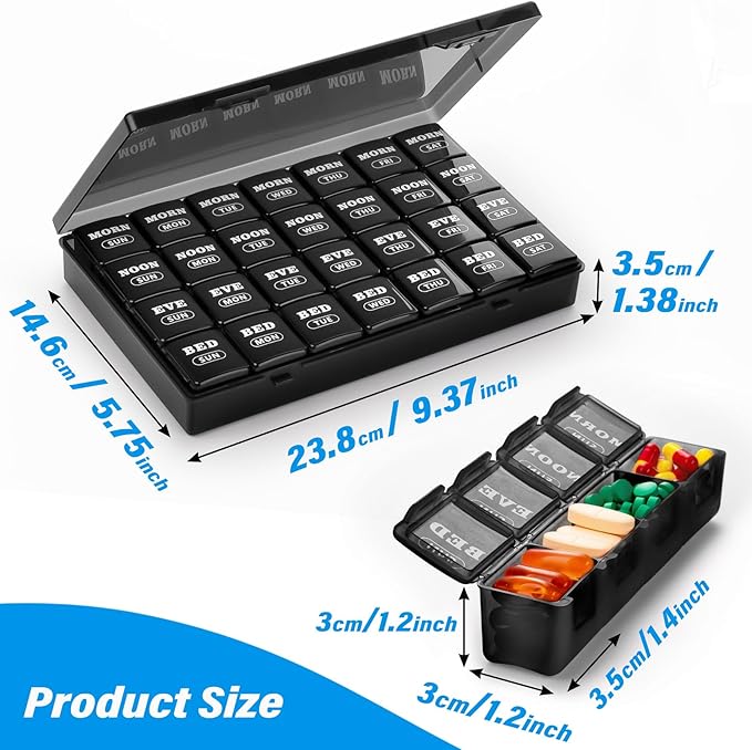 XL Large Weekly Pill Organizer 4 Times a Day, 7-Day Pill Boxes and Organizer AM PM, Big Compartments Pill Case, Monthly Medication Organizer 28-Days Dispenser for Fish Oils
